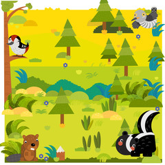 cartoon forest with wild animal skunk and other animals