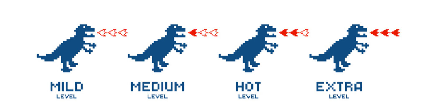 Pixel Dinosaur. Mild medium hot extra spicy level fire dinosaur, red chili pepper, strength scale indicators. Labels mexican, asian dishes.  Food organic icons