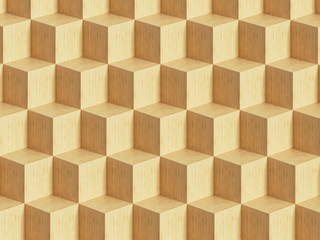 Abstract yellow 3D geometric wood cubes background. 3d rendering - illustration.