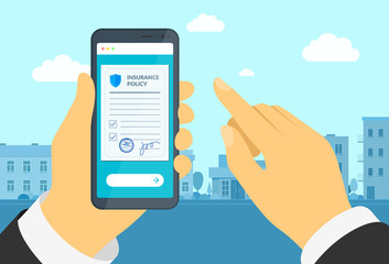 Man hand holding smartphone with insurance policy form. Online signs agreement protection document on mobile screen. Make deal compensation claim legal vector contract