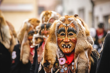 Festival participants dressed up in handmade costume and mask at the Ulmzug carnival event. - obrazy, fototapety, plakaty