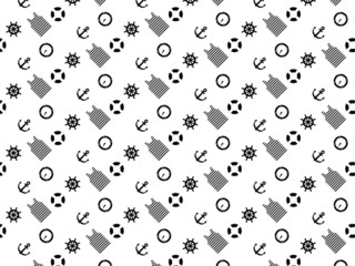 Black and white repeating pattern on the marine theme on a white isolated background