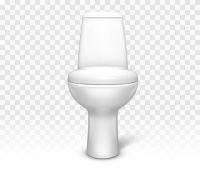 Toilet with seat. White ceramic lavatory bowl with closed lid front view mockup template for interior design isolated on transparent background. Realistic 3d vector illustration, clip art