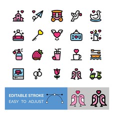 Fototapeta premium valentines related love and romance coffee cup, heart key, hand wash, birds, couples, church, heart with wings, carriage, ring, and juice glass vectors with editable stroke,