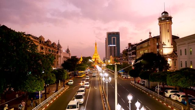 Silhouette yangon religious historical place of worship amazing heritage kingdom on sunset. Travel destiny in myanmar.