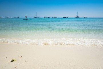 Beautiful view of white sand with blue sea at Pattaya beach, Lipe island, Satun, Thailand. Selected focus.