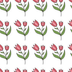 Spring seamless pattern with pink tulips on a white background.Simple flowers for decoration.Doodle linear illustration.