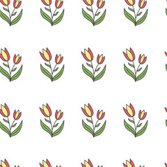Spring seamless pattern with pink tulips on a white background.Simple flowers for decoration.Doodle linear illustration.