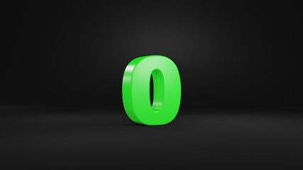 Number 0 in glossy green color on black background, isolated number, 3d render