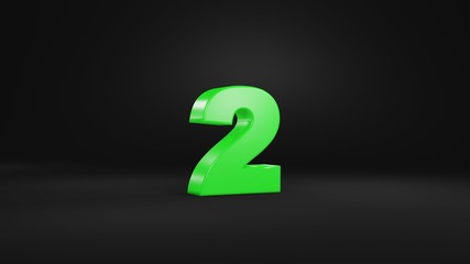 Number 2 in glossy green color on black background, isolated number, 3d render