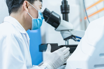 Fototapeta premium Doctor is using microscope to observe samples