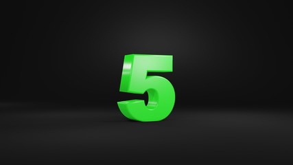 Number 5 in glossy green color on black background, isolated number, 3d render