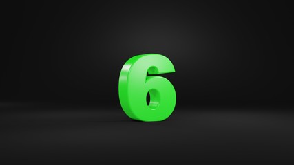 Number 6 in glossy green color on black background, isolated number, 3d render
