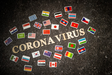 Word coronavirus with national flags 