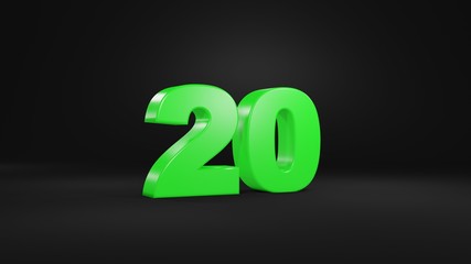 Number 20 in glossy green color on black background, isolated number, 3d render
