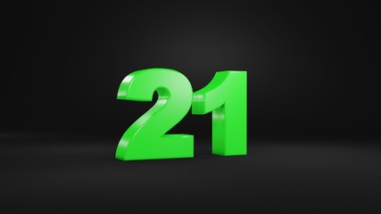 Number 21 in glossy green color on black background, isolated number, 3d render