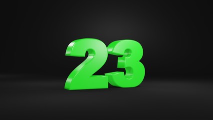 Number 23 in glossy green color on black background, isolated number, 3d render