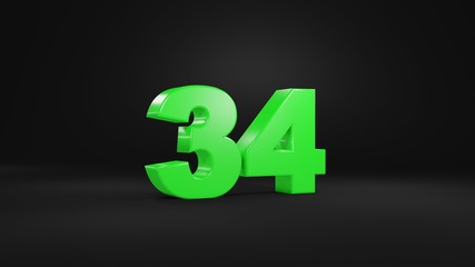 Number 34 in glossy green color on black background, isolated number, 3d render