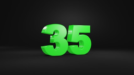 Number 35 in glossy green color on black background, isolated number, 3d render