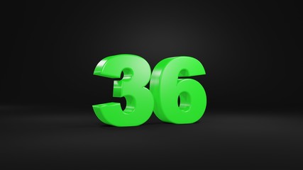 Number 36 in glossy green color on black background, isolated number, 3d render