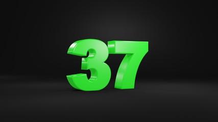 Number 37 in glossy green color on black background, isolated number, 3d render