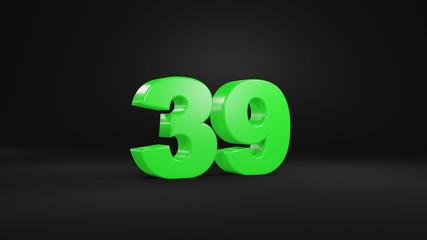 Number 39 in glossy green color on black background, isolated number, 3d render