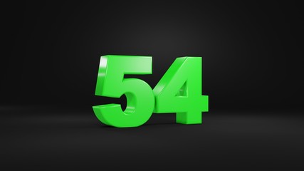 Number 54 in glossy green color on black background, isolated number, 3d render