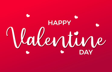 Happy Valentine Day banner with hearts and handwritten calligraphy isolated on gradient red background