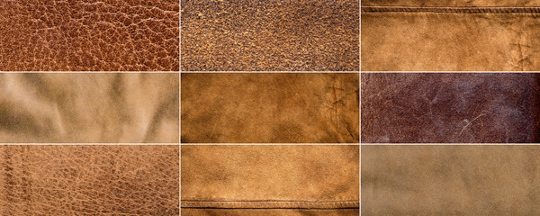 set of textures of brown leather - natural material background