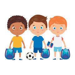 cute little boys with school bag and soccer ball vector illustration design