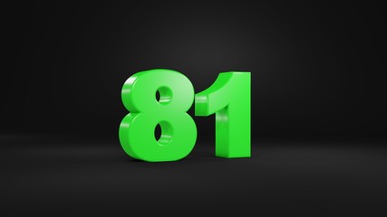 Number 81 in glossy green color on black background, isolated number, 3d render