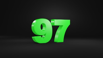 Number 97 in glossy green color on black background, isolated number, 3d render