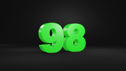 Number 98 in glossy green color on black background, isolated number, 3d render