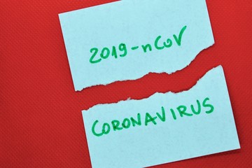 Novel coronavirus (2019-nCoV) lettering on the sheet of paper, red background. Coronavirus (2019-nCoV), MERS-Cov (middle East respiratory syndrome coronavirus).  Pandemic virus. Chinese, Wuhan virus