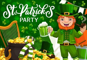 Leprechaun with St Patricks Day green shamrock, hat and pot of gold. Vector greeting of Irish holiday. Green ale beer, golden coins and horseshoe, lucky clover leaves, flag of Ireland and smoking pipe