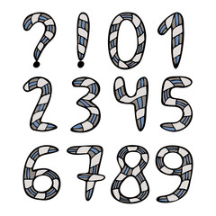 Hand drawn set with ten creative numbers and symbols on a white isolated background. Doodle, simple outline illustration. It can be used for decoration of textile, paper and other surfaces.