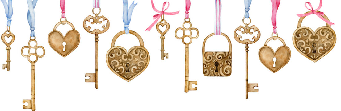 Watercolor header with heart-shaped golden locks and keys handing on blue and pink ribbons.