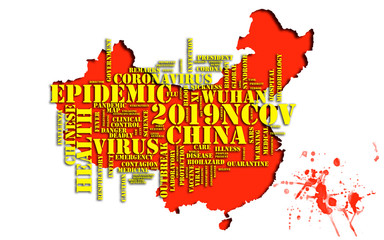 Wuhan coronavirus pandemic concept in word tag cloud on China map with blood red splashes on white background. Coronavirus 2019-nCoV outbreak.