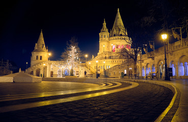 Fisherman's Bastion in Budapest at night.