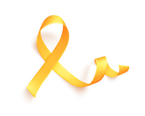 Realistic gold ribbon. World childhood cancer symbol 15th of february, vector illustration. Template for poster for cancer awareness month in september.