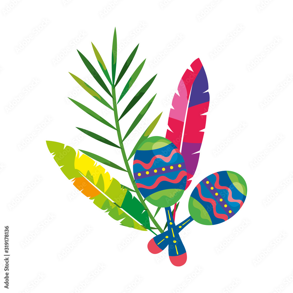 Wall mural maracas with exotic feathers and tropical leaf vector illustration design