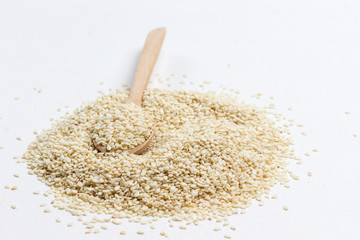 Sesame seedsnatural source of calcium. Natural antioxidant. White background. Top view.