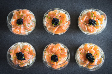 verrine salmon lumpfish egg fresh cheese and avocado bed