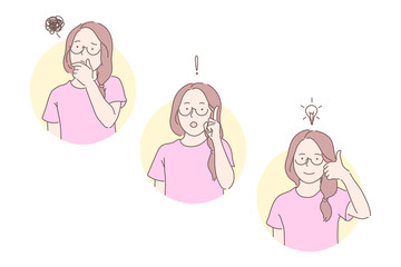Thinking, idea, brainstorm, like set concept. Young child is thinking about problem. Girl has got idea in her head suddenly. Happy kid has found successful solution and puts like. Simple flat vector