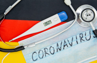 Coronavirus 2019-nCoV concept. Protective breathing mask on flag of Germany.