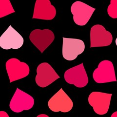 Red and pink hearts on a black background, seamless pattern, vector