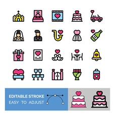 love and wedding related heart on card, flowers, wine bottle, gate, table and chairs, gift box, bell, bed, church, cake, car, boy, girl, and wine glasses vectors with editable stroke,