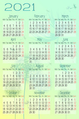 Illustration of 2021 year wall calendar on english language with mint dandelions flowers