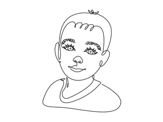 Line art illustration face boy. Vector isolated on white background. Cute smile kid. Hand drawn sketch. For t-shirt, slogan design print graphics style