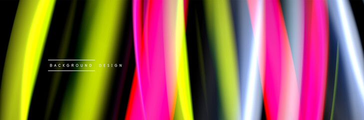 Silk and smooth flow wave poster design. Color waves, liquid style lines and shapes in black color background